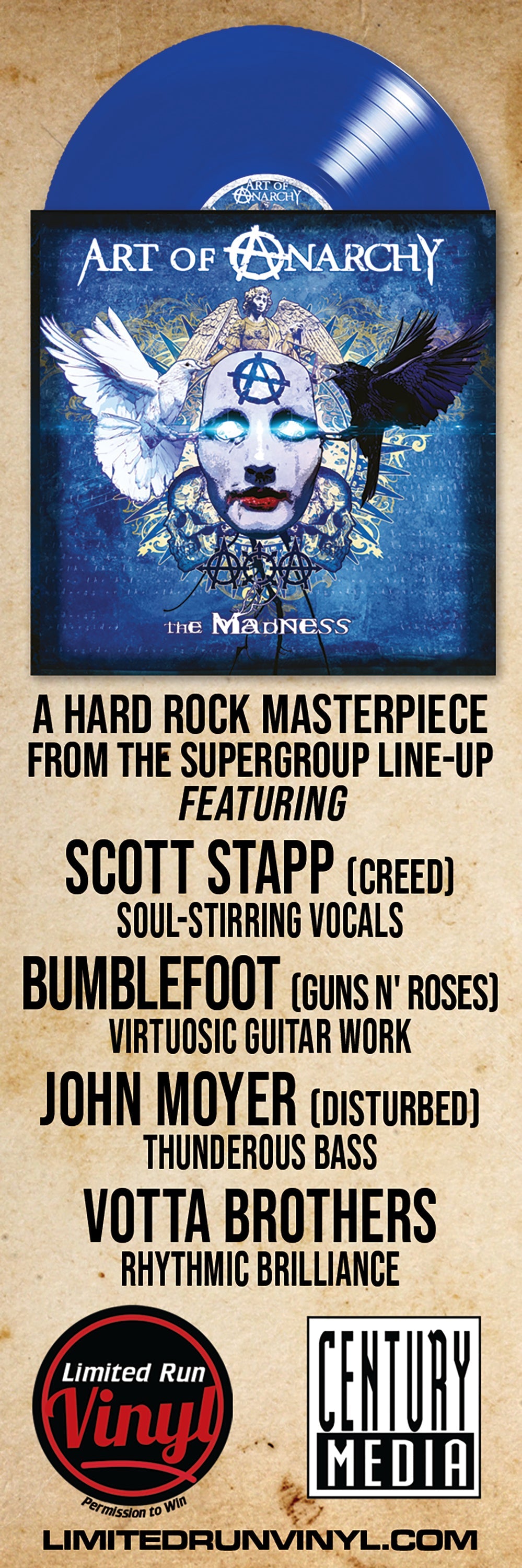 ART OF ANARCHY w/SCOTT STAPP - THE MADNESS (*NEW-Blue Vinyl, 2023 Brutal Planet) Melodic Hard Rock MEGA-SUPER GROUP